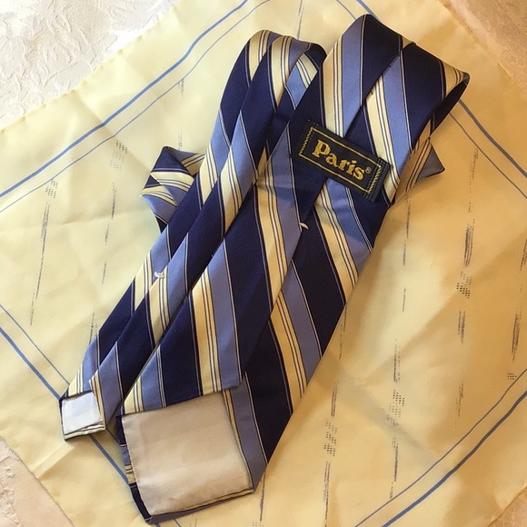 VTG PARIS Striped Tie Blue Yellow Classic Retro - Picture 2 of 4